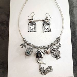 Silver Bird House Charm Necklace and Earings. Handmade